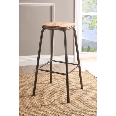 Industrial Style Metal Frame Wooden Bar Stool, Brown and Gray, Set of Two