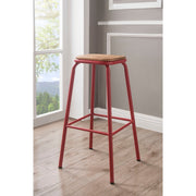 Industrial Style Metal Frame Wooden Bar Stool, Brown and Red, Set of Two