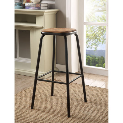 Industrial Style Metal Frame Wooden Bar Stool, Brown and Black, Set of Two