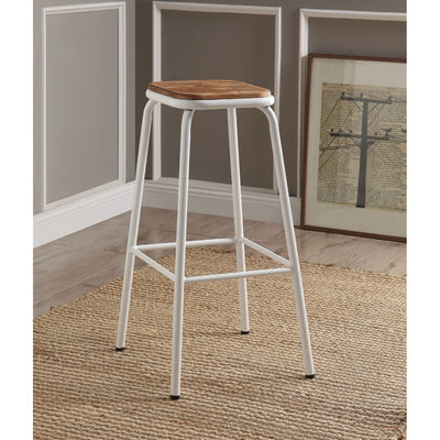 Industrial Style Metal Frame Wooden Bar Stool, Brown and White, Set of Two