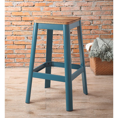Industrial Style Metal Frame and Wooden Bar Stool, Brown and Blue