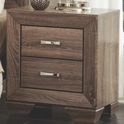 Transitional Style Wooden Nightstand with Two Drawers and Tapered Feet, Brown