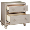 Mirror Trim Accented Nightstand with Two Drawers and Turned Legs, Silver