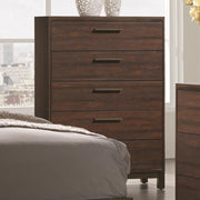 Wooden Chest with Five Drawers and Block Legs Support, Dark Brown