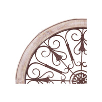 Round Intricate Metal Scrollwork Wall Decor with Wooden Frame, Cream and Brown