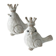 Distressed Polyresin Figurines Featuring Birds with Crowns, White and Brown, Set of Two