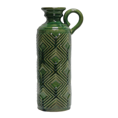 Engraved Geometric Textured Ceramic Jug Pitcher with Ring Handle, Green