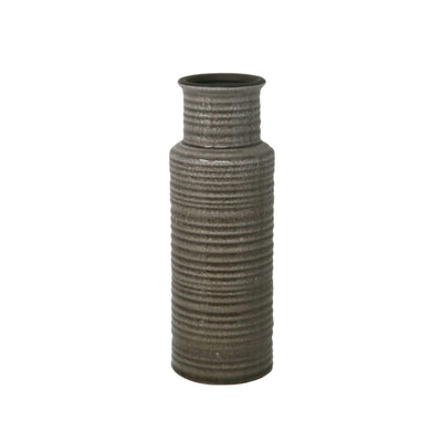 Ribbed Pattern Cylindrical Ceramic Vase with Flared Mouth Rim, Gray, Small