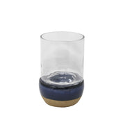 Glass Hurricane Candle Holder with Dual Tone Ceramic Base, Blue and Beige