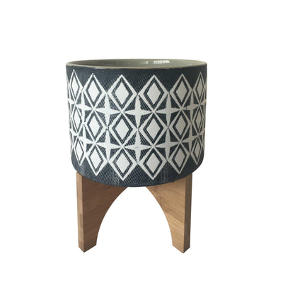 Ceramic Textured Planter with Wooden Stand, Medium, Gray and White