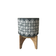 Ceramic Textured Planter with Wooden Stand, Small, Gray and White