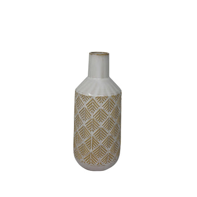 Ceramic Bottle Vase with Contrasting Textured Surface, White and Beige