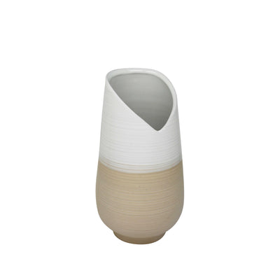Two Tone Ceramic Table Vase with Unique Mouth Opening, Small, White and Beige