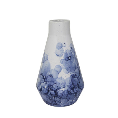 Ceramic Beaker Vase with Bubble Pattern, White and Blue
