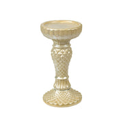 Engraved Diamond Patterned Ceramic Candle Holder with Pedestal Base, White and Gold