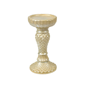 Engraved Diamond Patterned Ceramic Candle Holder with Pedestal Base, White and Gold