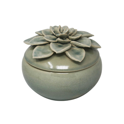 Ceramic Covered Jar with Embossed Flower Design On The Top Of Lid, Large, Green and Beige