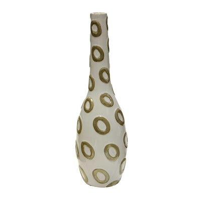 Ceramic Bottle Vase with Embossed Circle Design, Small, White and Gold