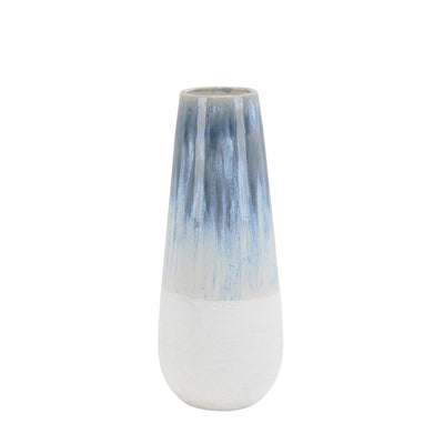 Elongated Shape Ceramic Vase with Distressed Pattern, Large, Blue and White