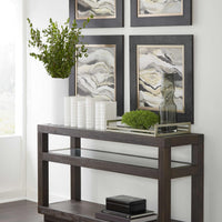 Wooden Two Tier Console Table with Glass Inlay Table Top and Beneath Shelf, Gray