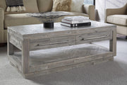Two Drawer and One Bottom Shelf Coffee Table with Metal Handle Pull, Rustic Latte Gray