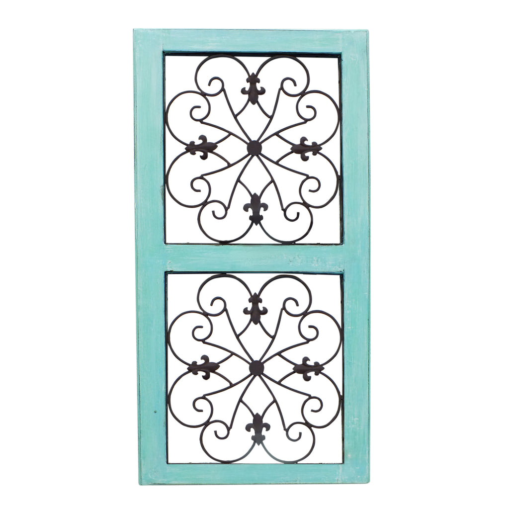 Traditional Mango Wood Framed Wall Panel with Metal Scroll Work Details, Green and Brown