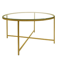 Round Metal Coffee Table With Glass Top and X Shape Base, Gold and Clear