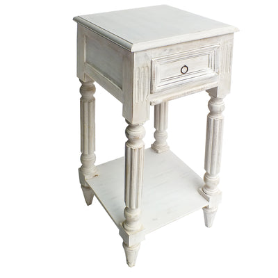 Spacious Mango Wood Side Table with Metal Ring Handle, Washed White