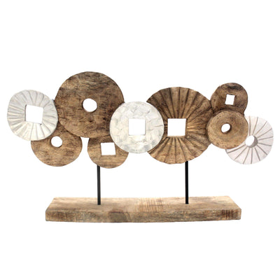 Aged Mango Wood Abstract Circles Sculpture On Rectangular Base, Brown and White