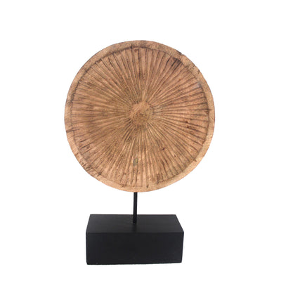 Carved Wooden Disc decor with Iron Stand, Brown and Black