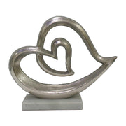 Double Heart Metal Sculpture on Marble Base, Silver and Gray
