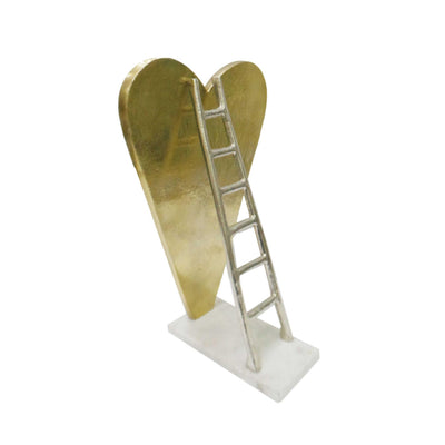 Decorative Metal Heart with Ladder Sculpture on Rectangular Base, Gold and Silver