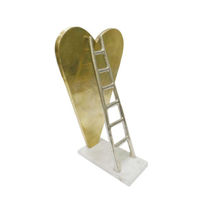 Decorative Metal Heart with Ladder Sculpture on Rectangular Base, Gold and Silver