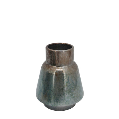 Rustic Style Metal Vase with Round Top and Flared Body, Small, Bronze and Blue