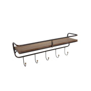 Traditional Style Metal and Wooden Rack with Five Hooks Hanger, Small, Brown and Black