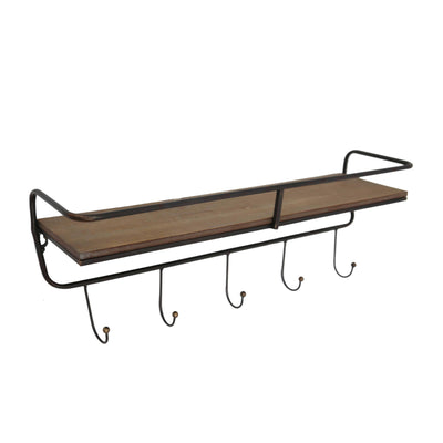 Traditional Style Metal and Wooden Rack with Five Hooks Hanger, Large, Brown and Black