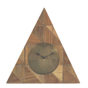 Wooden Triangle Table Clock with Engraved Geometric Details, Brown and Gold