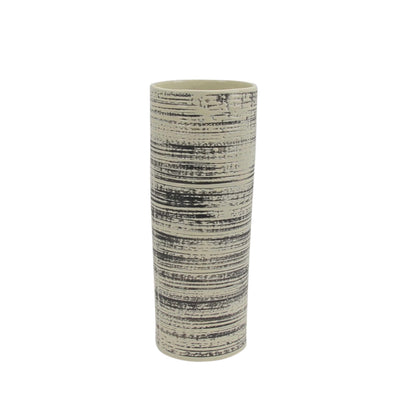 Ceramic Cylindrical Vase with Wire Brush Texture, Black and White