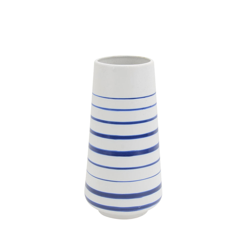 Decorative Ceramic Vase with Striped Design, White and Blue