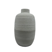 Ceramic Round Shaped Vase with Tribal Pattern, Large, White and Beige