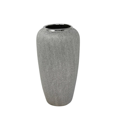 Decorative Tapered Ceramic Vase with Textured Pattern, Silver
