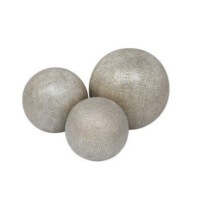 Decorative Ceramic Orbs with Textured Design, Champagne Silver, Set of Three