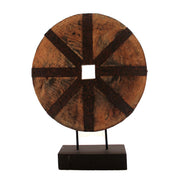 Decorative Wooden Disk Statue on Iron Stand, Brown