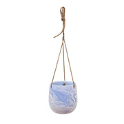 Hanging Ceramic Planter Pot with Rope, White and Blue