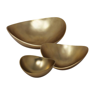 Decorative Aluminium Bowls with Curved Design, Gold, Set of Three