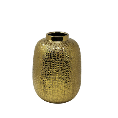 Decorative Ceramic Table Vase with Alligator Skin Like Texture, Medium, Gold