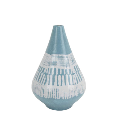 Ceramic Table Vase with Tribal Print Pattern and Elongated Neck, Small, Blue and White