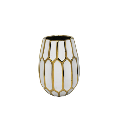 Ceramic Curved Vase with Geometric Bud Design, White and Gold