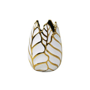 Ceramic Leaf Like Designed Table Vase with Irregular Rim, White and Gold