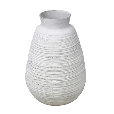 Ceramic Wire Brushed Texture Vase With Wide Open Mouth And Round Base, Antique White